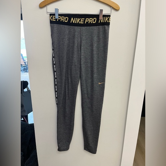NikePro Gray Leggings with metallic gold and black trim SMALL - Picture 2 of 8